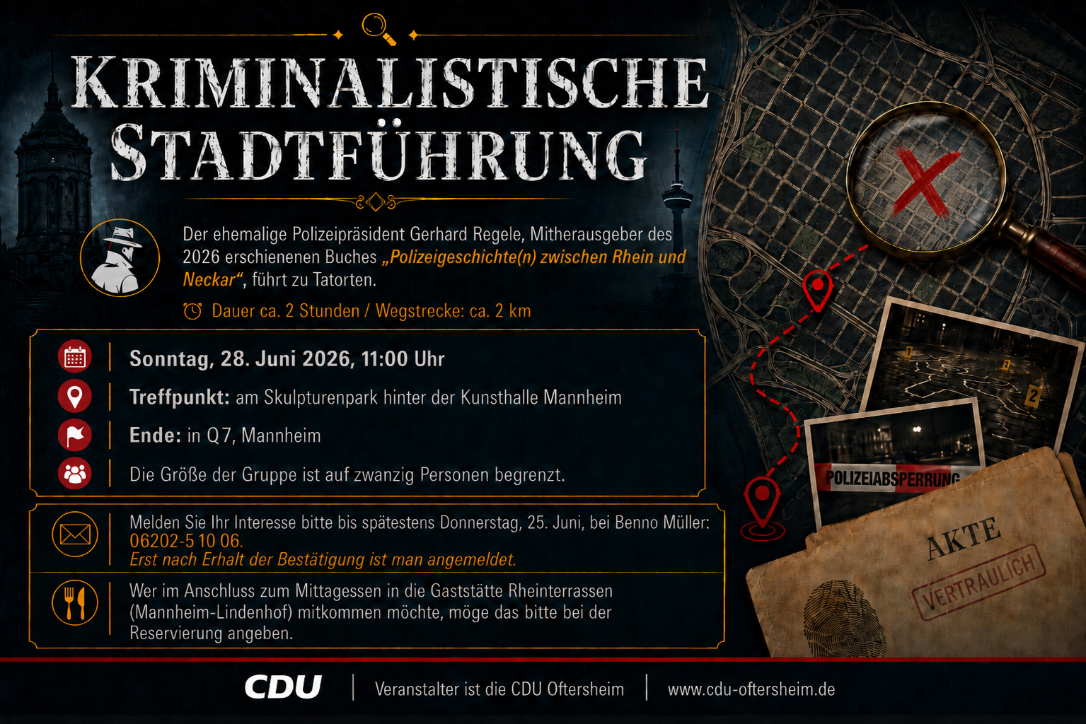 Einladung: Kriminalistische Stadtf�hrung am Sonntag, 28. Juni 2026 in Mannheim. (Busse/KI)